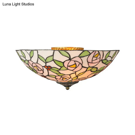 Vintage Tiffany Stained Glass Flush Ceiling Light With Pink And Green Bowl Design