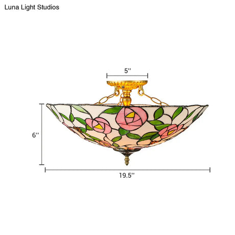 Vintage Tiffany Stained Glass Flush Ceiling Light With Pink And Green Bowl Design