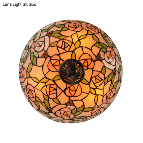 Vintage Tiffany Stained Glass Flush Ceiling Light With Pink And Green Bowl Design