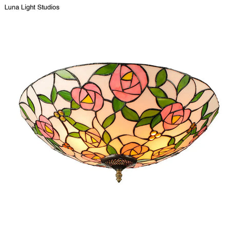 Vintage Tiffany Stained Glass Flush Ceiling Light With Pink And Green Bowl Design