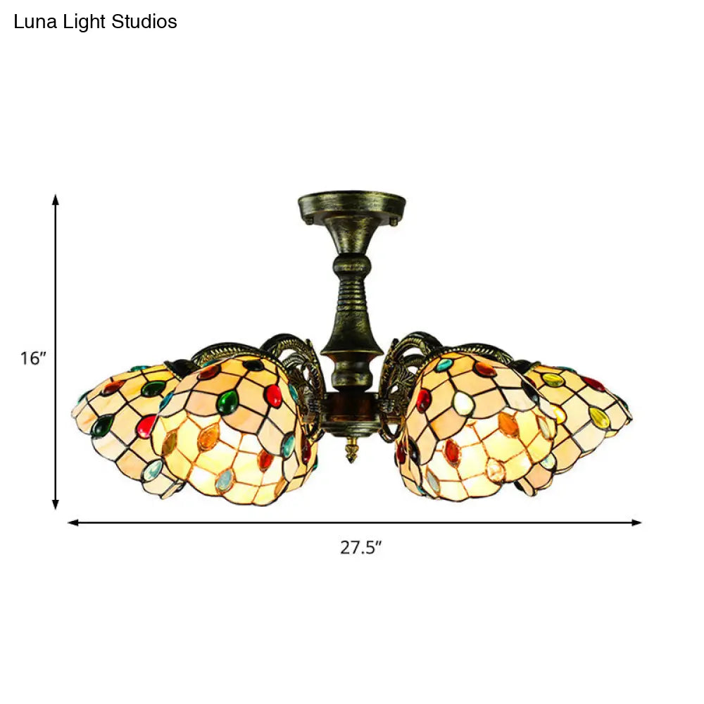 Vintage Tiffany Stained Glass Pendant Light Chandelier With Peacock Tail Design - 6 Lights Antique