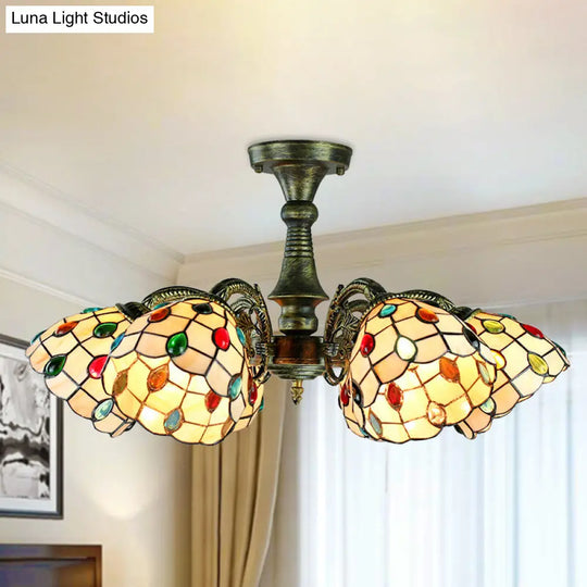 Vintage Tiffany Stained Glass Pendant Light Chandelier With Peacock Tail Design - 6 Lights Antique