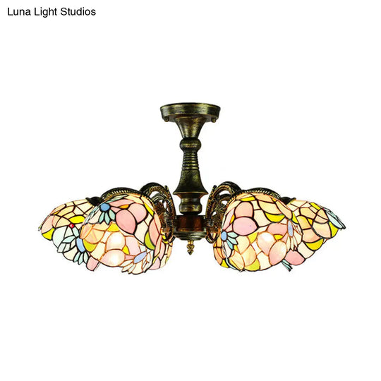 Vintage Tiffany Stained Glass Pendant Light Chandelier With Peacock Tail Design - 6 Lights Antique