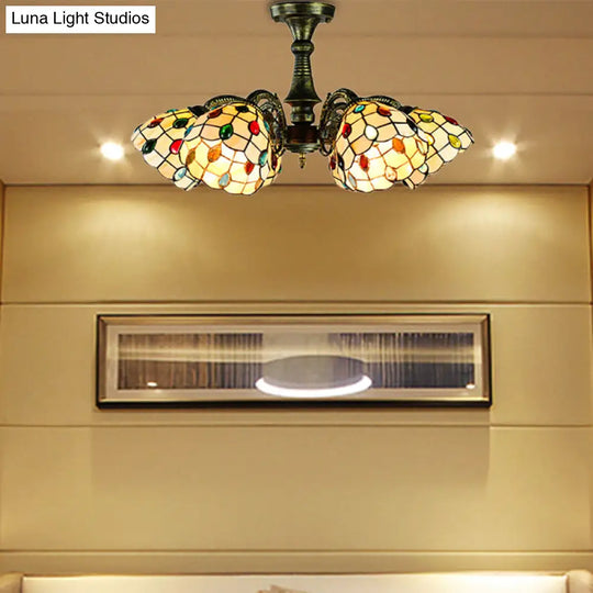 Vintage Tiffany Stained Glass Pendant Light Chandelier With Peacock Tail Design - 6 Lights Antique