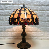 Vintage Tiffany-Style Stained Glass Table Light With Antique Brass Dome For Bedroom Nightstand