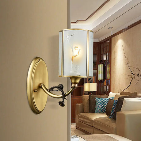 Vintage Translucent Glass Wall Sconce - Brass 1-Light Cylinder Lamp For Corners