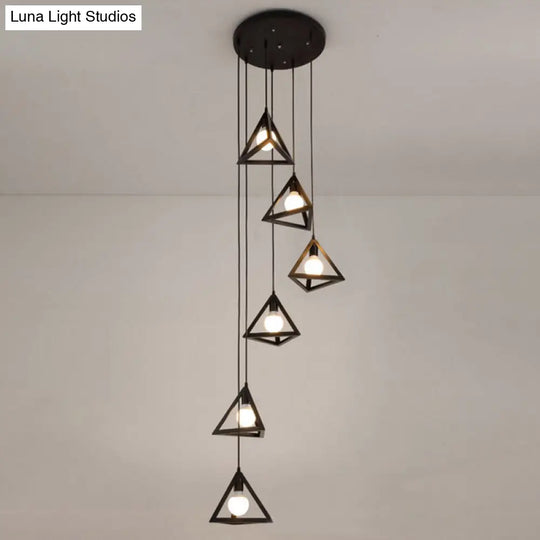 Vintage Triangle Metal Pendant Light - 6-Bulb Cluster Hanging Ceiling In Black