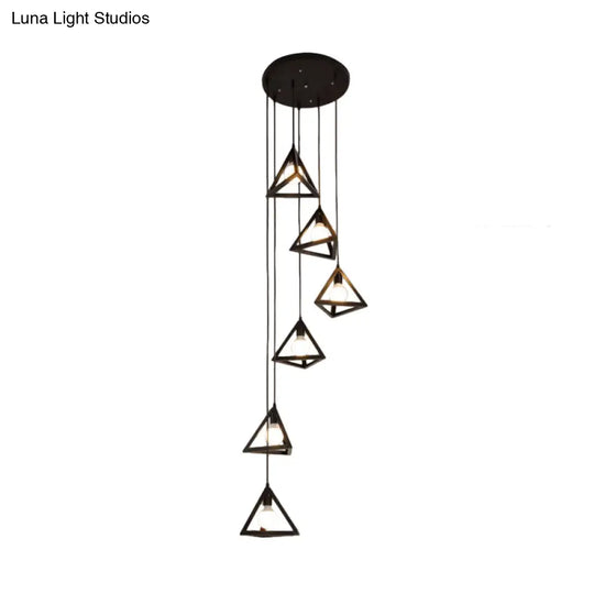 Vintage Triangle Metal Pendant Light - 6-Bulb Cluster Hanging Ceiling In Black