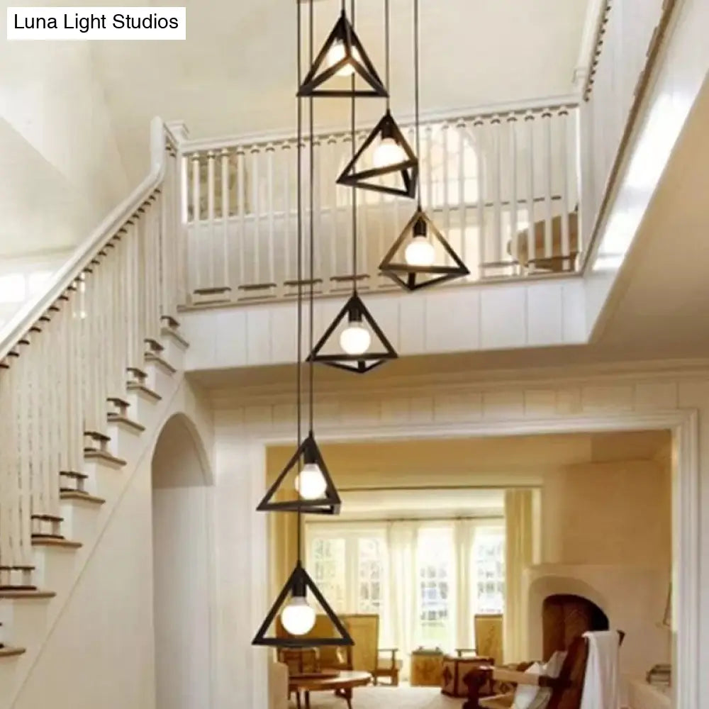 Vintage Black Metal Triangle Cluster Pendant Light - 6-Bulb Hanging Ceiling