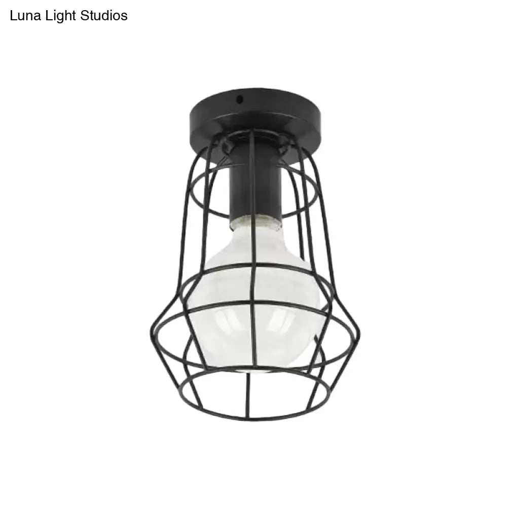 Vintage Urn/Vase Cage Metal Flush Mount Light With 1 Bulb - Black