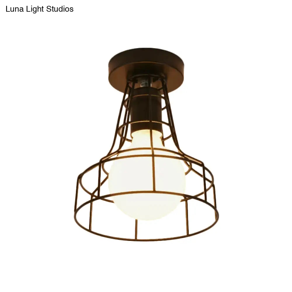 Vintage Urn/Vase Cage Metal Flush Mount Light With 1 Bulb - Black