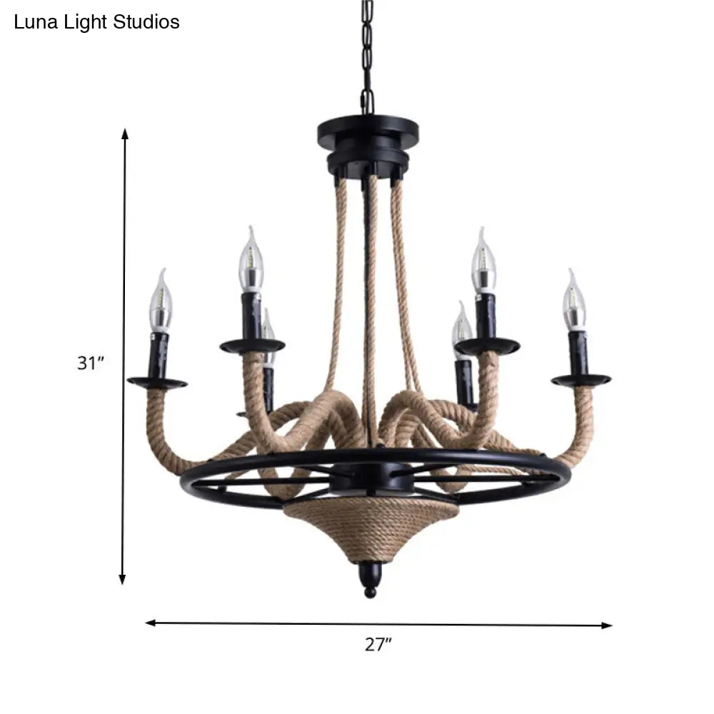Vintage Wagon Wheel Chandelier With Rope Detail - 6 Bulb Pendant Light Black Metal Hanging Lamp