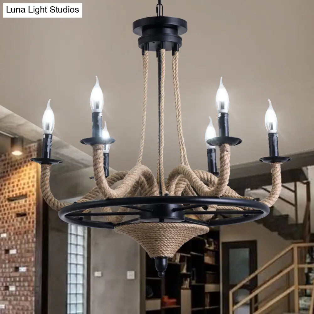 Vintage Wagon Wheel 6 Bulb Chandelier Pendant Light With Rope Detail - Black Metal Hanging Lamp