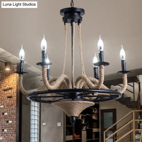 Vintage Wagon Wheel 6 Bulb Chandelier Pendant Light With Rope Detail - Black Metal Hanging Lamp