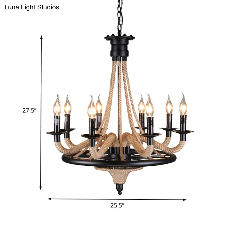 Vintage Wagon Wheel 6 Bulb Chandelier Pendant Light With Rope Detail - Black Metal Hanging Lamp