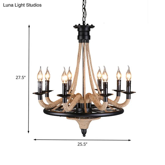 Vintage Wagon Wheel 6 Bulb Chandelier Pendant Light With Rope Detail - Black Metal Hanging Lamp