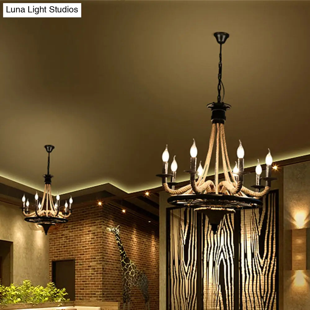 Vintage Wagon Wheel Chandelier With Rope Detail - 6 Bulb Pendant Light Black Metal Hanging Lamp