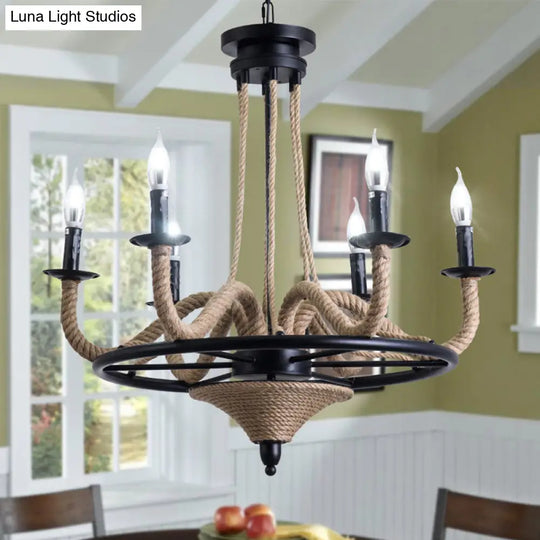Vintage Wagon Wheel 6 Bulb Chandelier Pendant Light With Rope Detail - Black Metal Hanging Lamp