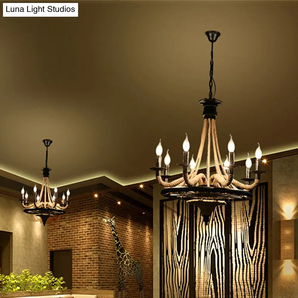 Vintage Wagon Wheel 6 Bulb Chandelier Pendant Light With Rope Detail - Black Metal Hanging Lamp