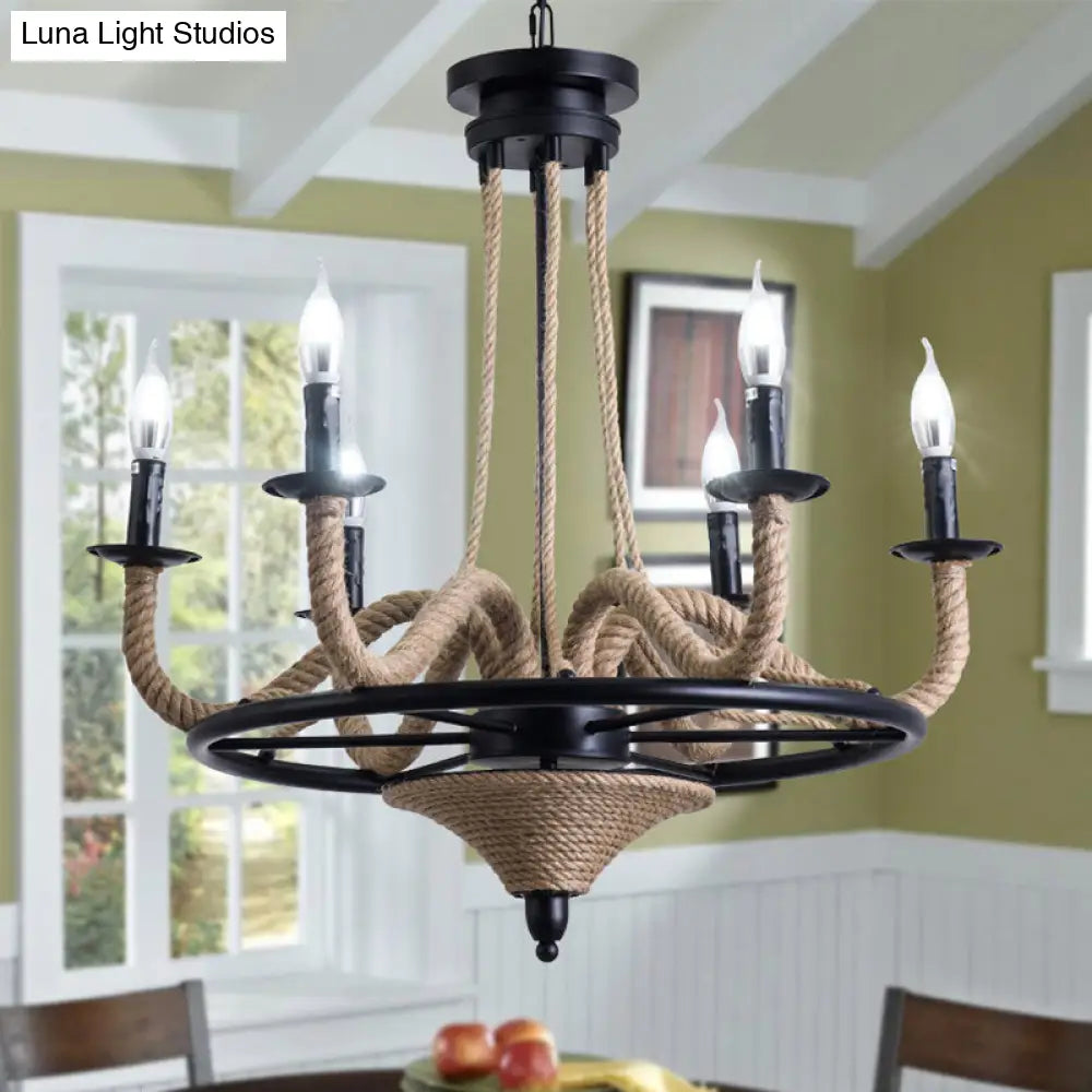 Vintage Wagon Wheel Chandelier With Rope Detail - 6 Bulb Pendant Light Black Metal Hanging Lamp