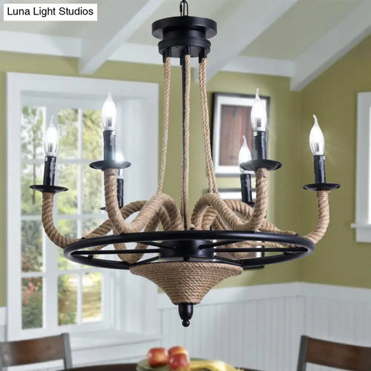 Vintage Wagon Wheel Chandelier With Rope Detail - 6 Bulb Pendant Light Black Metal Hanging Lamp