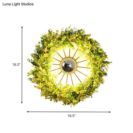 Vintage Wagon Wheel Wall Light: 1 Bulb Led Metal Sconce With Flower/Plant Decor In Pink/Green