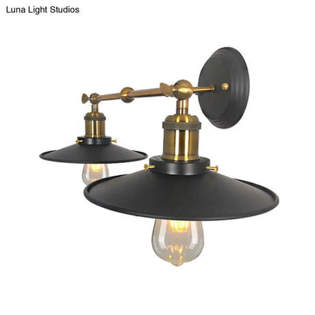Vintage Wall Mounted Sconce With Flare Metal Shade In Black And Brass - 2 Bulb Light For Restaurants