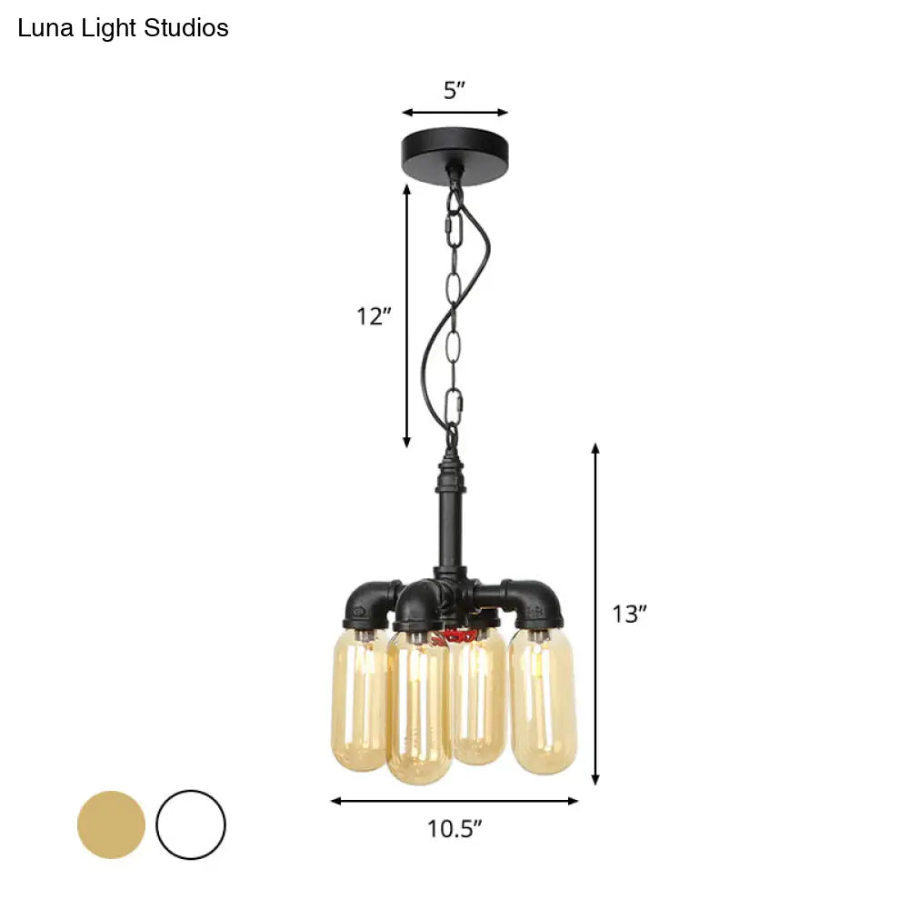 Vintage Water Pipe Chandelier Pendant With 4 Bulbs Amber/Clear Glass Led Hanging Lamp Kit