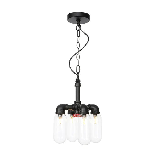 Vintage Water Pipe Chandelier Pendant Lighting - Led Hanging Lamp Kit With 4 Amber/Clear Glass
