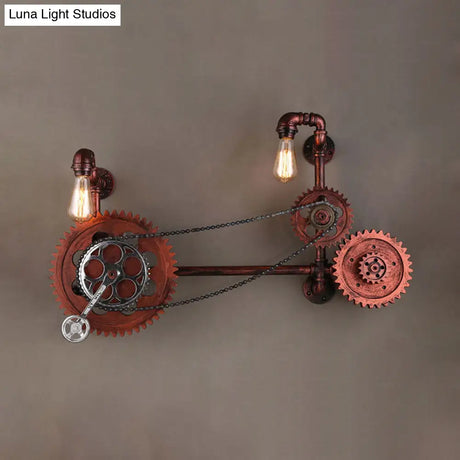 Vintage Weathered Copper Wall Lamp - 2-Light Gear Sconce Fixture