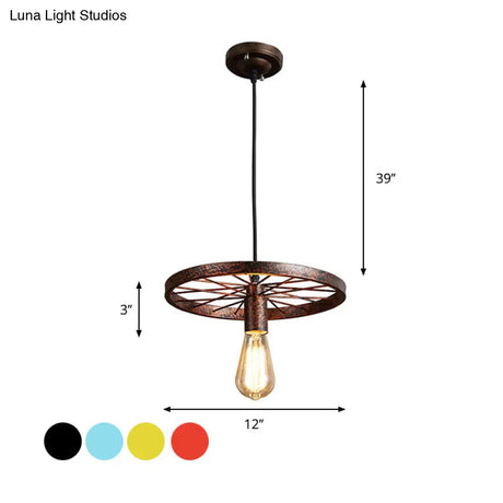 Vintage Wheel Decorated Bare Bulb Ceiling Light In Blue/Yellow: Wrought Iron Pendant Lamp