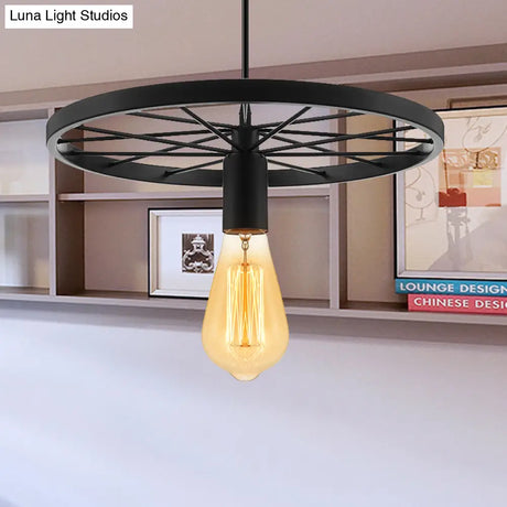 Vintage Wheel Decorated Bare Bulb Ceiling Light In Blue/Yellow: Wrought Iron Pendant Lamp