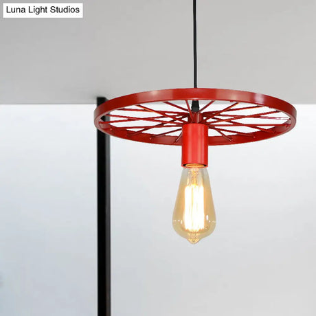 Vintage Wheel Decorated Bare Bulb Ceiling Light In Blue/Yellow: Wrought Iron Pendant Lamp