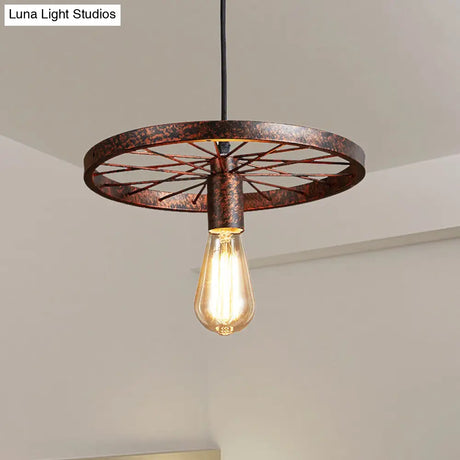 Vintage Wheel Decorated Bare Bulb Ceiling Light In Blue/Yellow: Wrought Iron Pendant Lamp