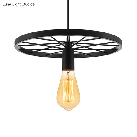 Vintage Wheel Decorated Bare Bulb Ceiling Light In Blue/Yellow: Wrought Iron Pendant Lamp