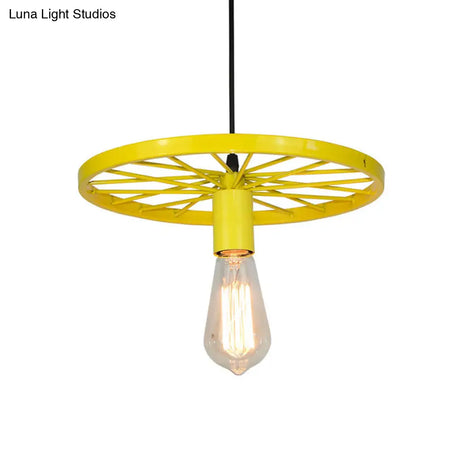 Vintage Wheel Decorated Bare Bulb Ceiling Light In Blue/Yellow: Wrought Iron Pendant Lamp