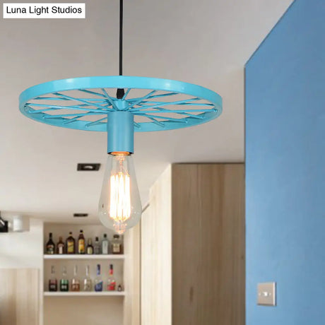 Vintage Wheel Decorated Bare Bulb Ceiling Light In Blue/Yellow: Wrought Iron Pendant Lamp