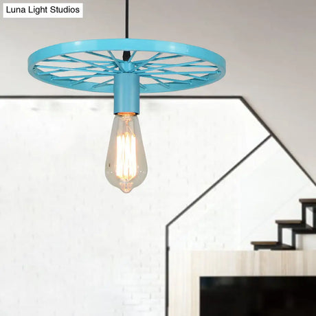 Vintage Wheel Decorated Bare Bulb Ceiling Light In Blue/Yellow: Wrought Iron Pendant Lamp