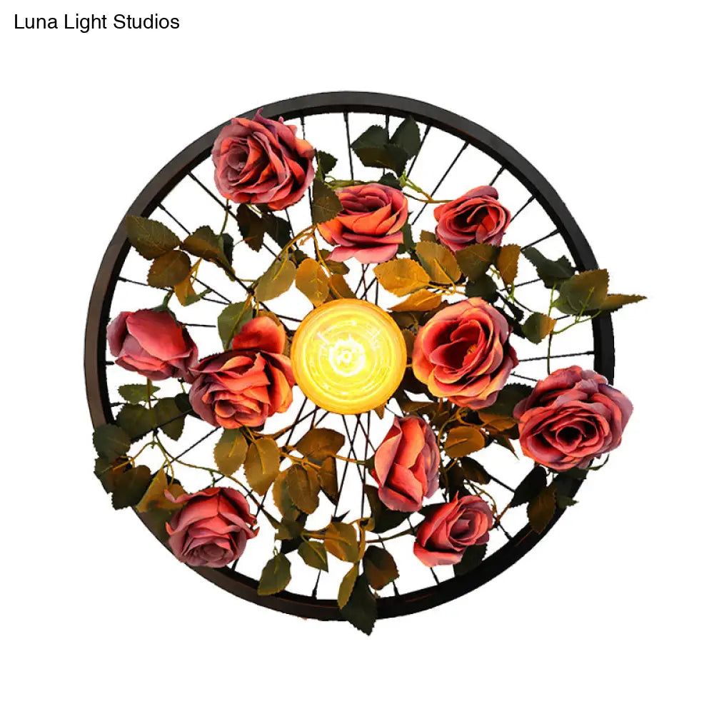 Vintage Wheel Wall Mount Led Rose Sconce Light In Black For Restaurants