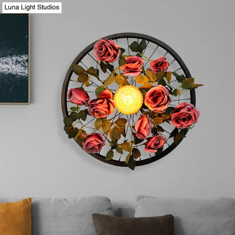 Vintage Wheel Wall Mount Led Rose Sconce Light In Black For Restaurants