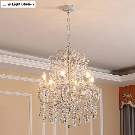 Vintage White Crystal Beaded Ceiling Chandelier With Metallic Candlestick Design
