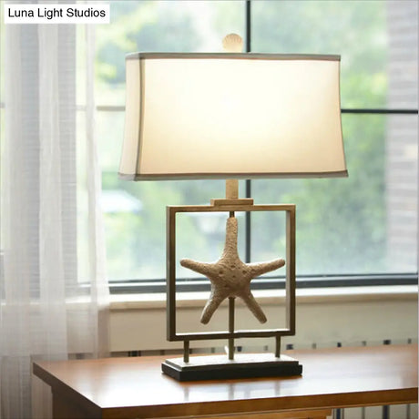 Vintage White Fabric Table Lamp With Starfish Design - 1 Light Trapezoid