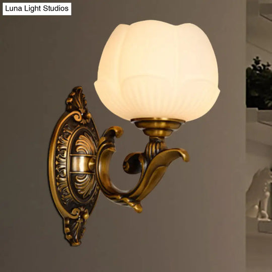 Vintage White Glass And Metal Lotus Shade Sconce Light With 1 Brass Finish Wall Lamp