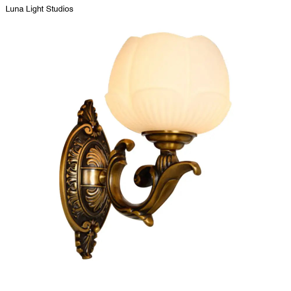 Vintage White Glass And Metal Lotus Shade Sconce Light With 1 Brass Finish Wall Lamp