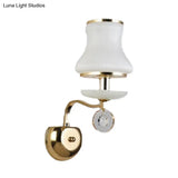 Vintage White Glass Bell Wall Lamp With Crystal Accent And Led Lighting For Living Room (1/2 Heads)