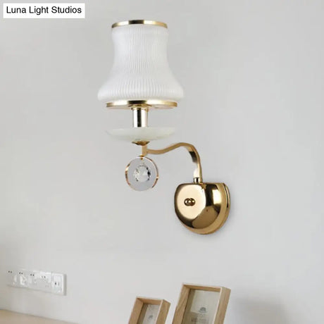 Vintage White Glass Bell Wall Lamp With Crystal Accent And Led Lighting For Living Room (1/2 Heads)