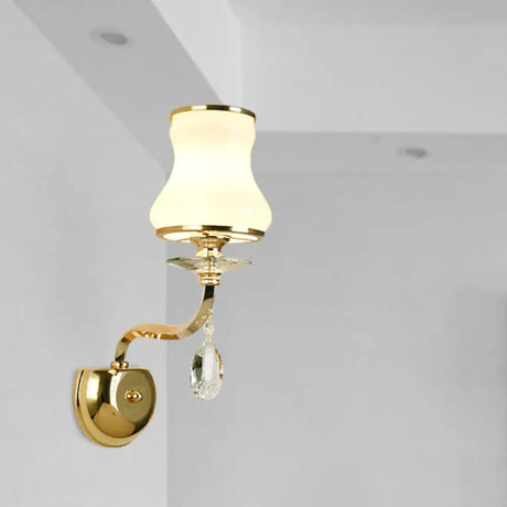 Vintage White Glass Bell Wall Lamp With Crystal Accent And Led Lighting For Living Room (1/2 Heads)