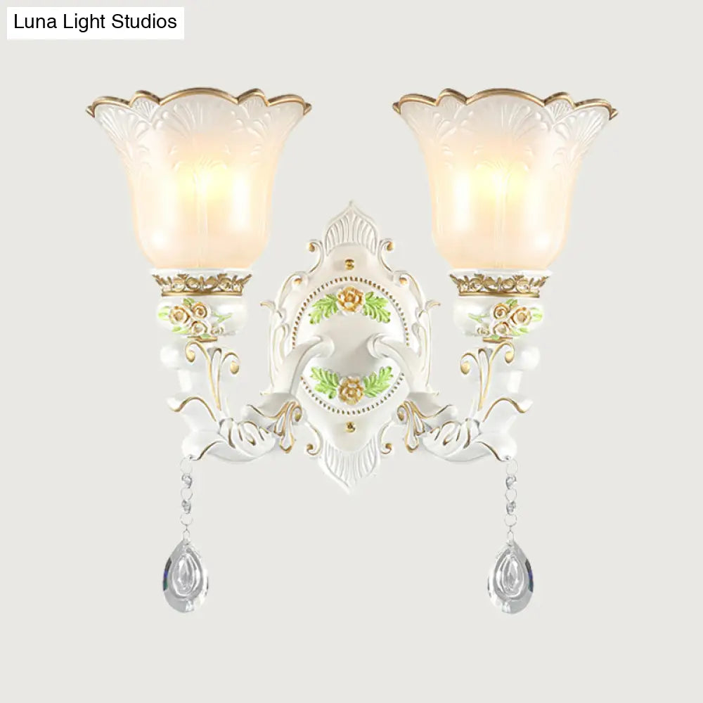 Vintage White Glass Bellflower Sconce With Crystal Drop - 1/2-Light Wall Mount Fixture