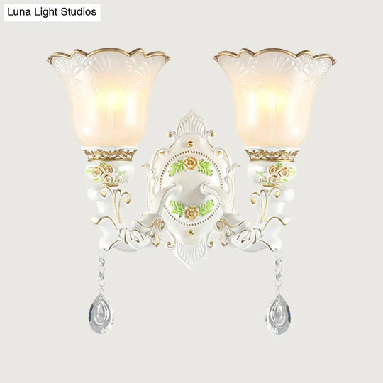 Vintage White Glass Bellflower Sconce With Crystal Drop - 1/2-Light Wall Mount Fixture