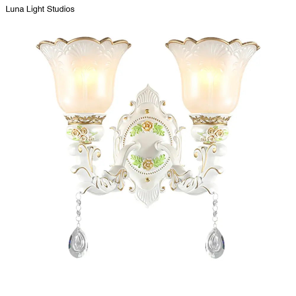Vintage White Glass Bellflower Sconce With Crystal Drop - 1/2-Light Wall Mount Fixture